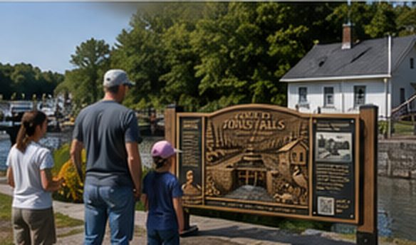 A family viewing a carved heritage interpretive sign beside a lock station