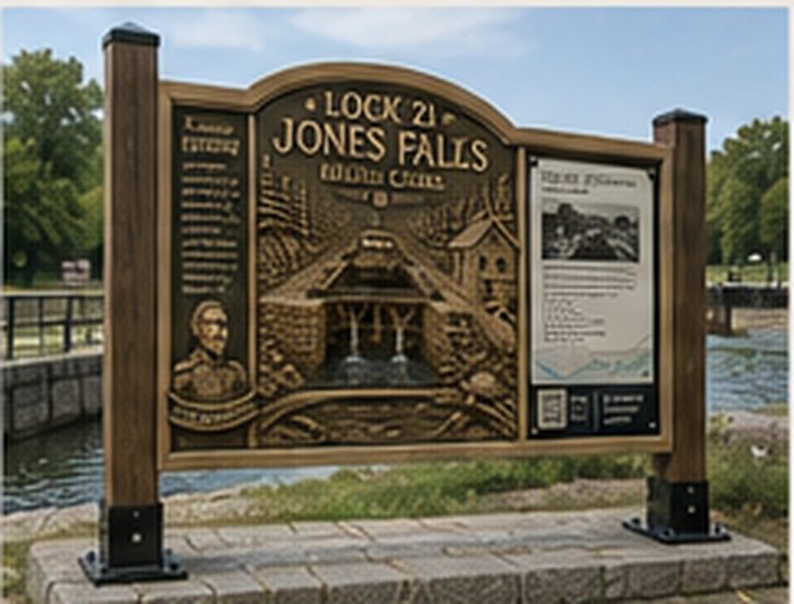 Concept rendering of a freestanding carved interpretive sign at a lock station
